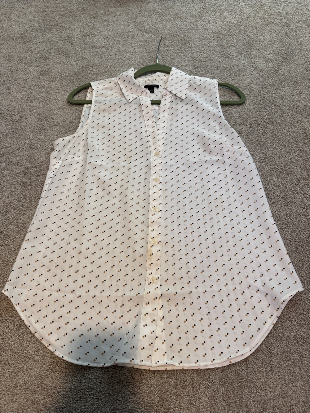 Sleeveless White Button-Front Blouse with Micro Dot Print